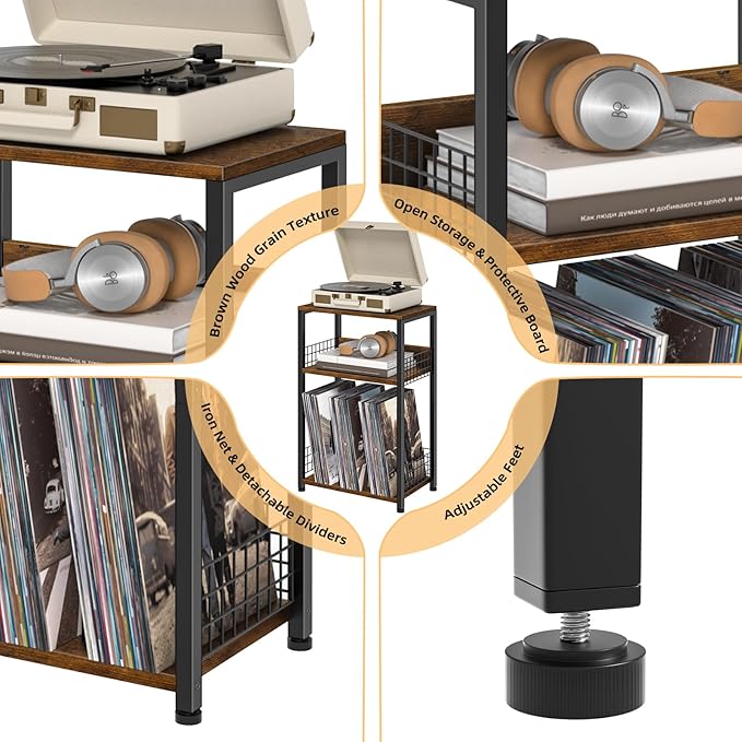 LELELINKY End Table with Storage, Brown Nightstand for Small Spaces,3 Tier Record Player Stand with Vinyl Storage Shelf, Sofa Couch Side Tables for Living Room Bedroom