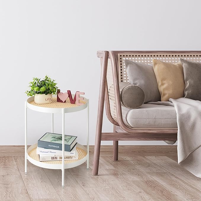 danpinera All Metal Side Table, 2 Tier Anti Rust Small Table with Imitation Rattan Pattern on Removable Trays for Living Room, White Round Nightstand for Bedroom, 20.47 Inch x 16.54 Inch Pearl White