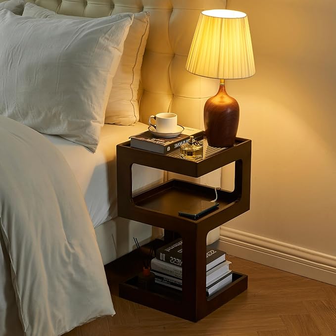Uniclinens Bookshelf Nightstand 3-Tier Storage, End Side Table with Tempered Glass Desktop, Modern Solid Wood Bedside Table for Bedroom Living Room, Walnut