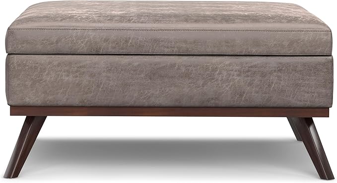 SIMPLIHOME Owen 40 inch Wide Mid Century Modern Square XL Coffee Table Storage Ottoman in Distressed Grey Taupe Vegan Faux Leather, Assembled, for The Living Room, Entryway and Family Room