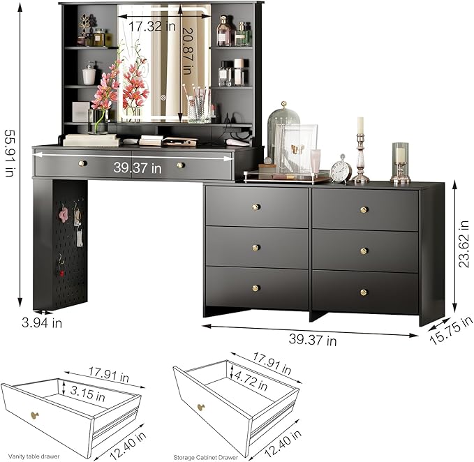 Large Makeup Vanity Desk with Mirror and Lights, Vanity Desk with 8 Drawers & Storage Shelves, Vanity Table with Power Outlet, 3 Color Modes & Adjustable Brightness Dressing Table, Bedroom,Black