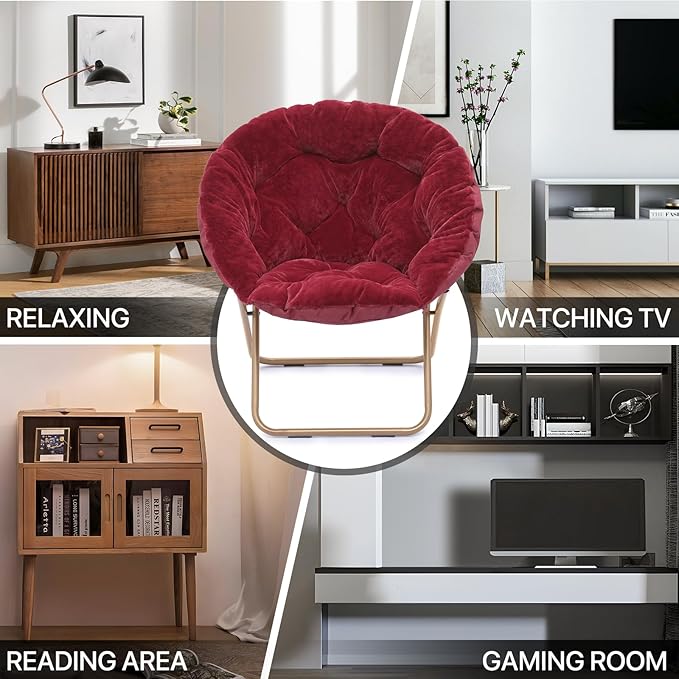 MoNiBloom Round Folding Faux Fur Saucer Chair for Bedroom Living Room Dorm Foldable Metal Frame Oversized Large Comfy Furry Padded Soft Cozy Moon Chair with Footrest Ottoman for Adults (Burgundy)