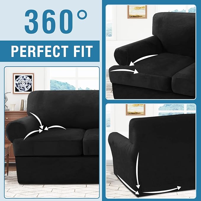 H.VERSAILTEX Sofa Cover 3 Piece T Cushion Sofa Slipcovers Thick Velvet Couch Cover Furniture Protector Stretch T Cushion Sofa Covers for 2 Cushion Couch with 2 Individual T Cushion Covers, Black