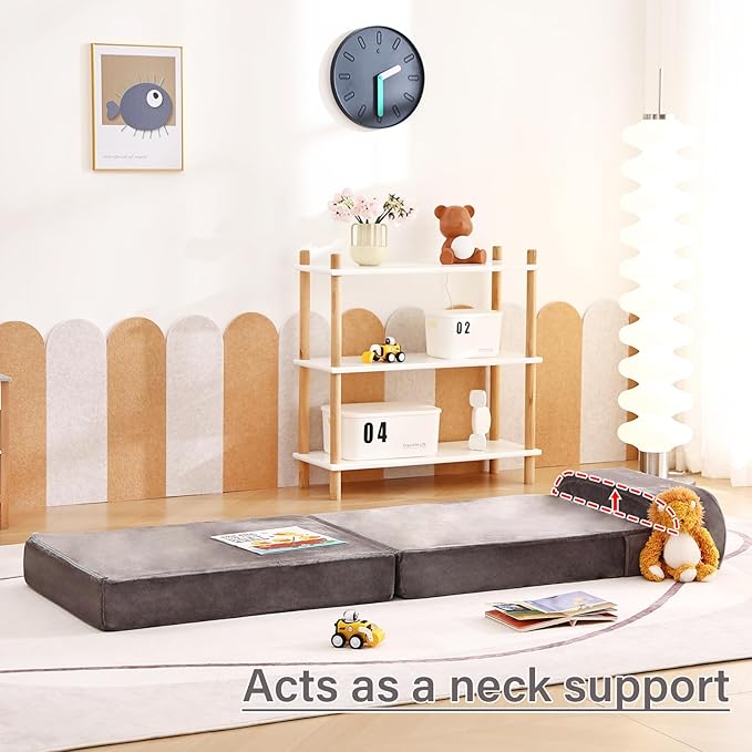 Tiita Folding Sofa Bed for Kids, Toddler Fold Out Couch Bed with Removable Cover, Kids Futon Sleeper Chair Folding Bed Mattress for Kids Room, Living Room, Guest Room,Gray