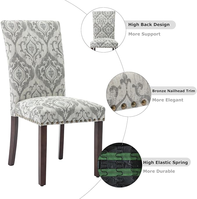 COLAMY Upholstered Parsons Dining Chairs Set of 6, Fabric Dining Room Kitchen Side Chair with Nailhead Trim and Wood Legs - Grey/White Flower