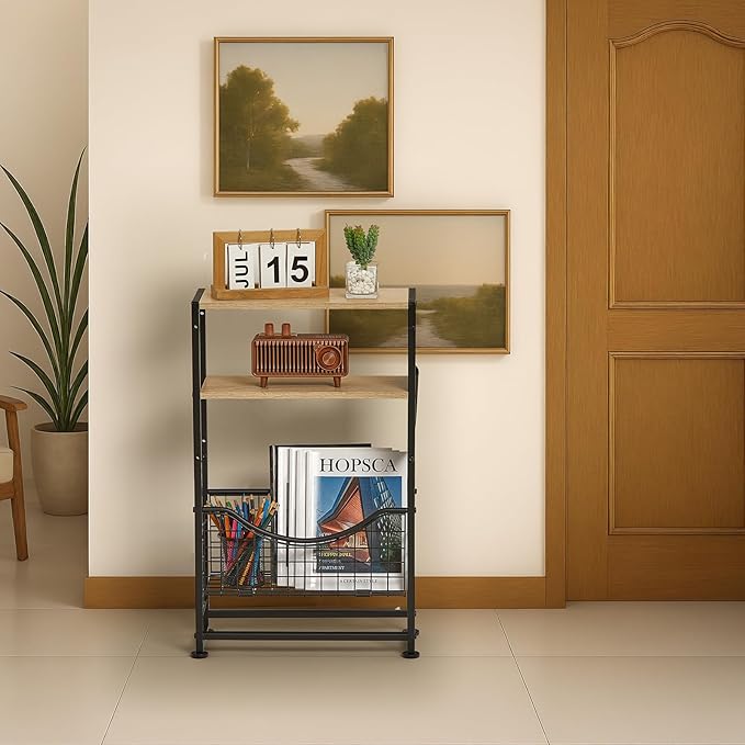 Narrow Side Table, Skinny Small End Tables with Magazine Holder, 3 Tier Small Sofa Side Table for Smalls Spaces, Sofa Couch Tables Bedside Table for Living Room Bedroom Office