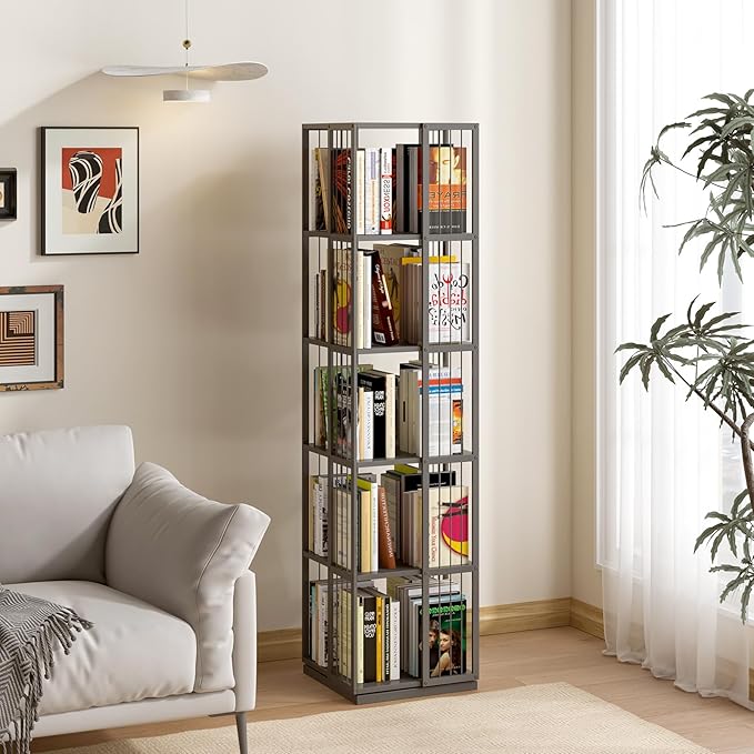 Square Rotating Bookshelf Tower - 360 Spinning Display Corner Bookcase for Narrow Space, Modern 5-Tier Revolving Storage Shelf, Black