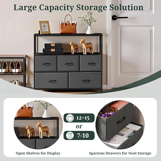 TV Stand, 5 Fabric Drawers Dresser Entertainment Center for TV up to 45 inch Wooden Media Console Table Storage Organizer with Open Shelf, for Living Room, Bedroom, or Small Space, Gray