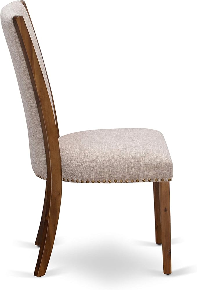 East West Furniture VEP8T04 Verona Parsons Dining Chairs - Nailhead Trim Light Tan Linen Fabric Upholstered Chairs, Set of 2, Walnut