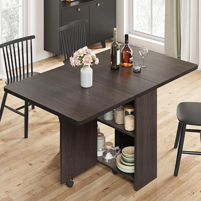 GarveeHome Folding Dining Table, Space Saving Farmhouse Dining Table for 4 Storage Shelf, 6 Wheels Multipose Expandable Kitchen Drop Leaf Table for Small Space (Dark Walnut, 50.1"D x 31.4"W x 29.5"H)