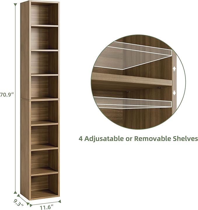 Bamjoy 71 Inches Tall Narrow Bookshelf, 8-Tier Slim CD DVD Media Shelf, Corner Bookcase with Adjustable Shelves, Cube Skinny Bookshelf for Home Office Small Space, Light Walnut