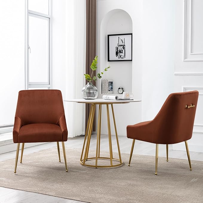 Modern Velvet Dining Chairs Set of 4, Contemporary Upholstered Furniture Collection with Polished Gold Metal Legs, Elegant Accent Chairs for Kitchen Living Room(Brown)