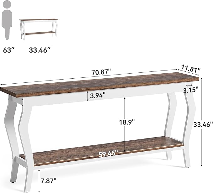 LITTLE TREE 70.9 Inches Long Console Table, 2-Tier Vintage Wooden Sofa Table Behind The Couch with Metal Legs for Hallway, Entryway, Living Room, Brown & White