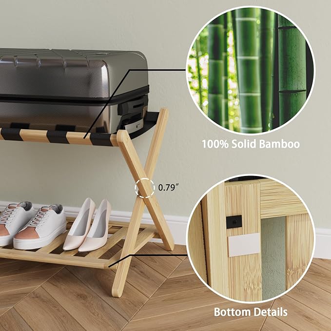 Fully Assembled Bamboo Luggage Rack, Heavy Duty Folding Suitcase Stand with Storage Shelf, Guest Room Essentials, Ideal for Bedroom, Hotel, Natural