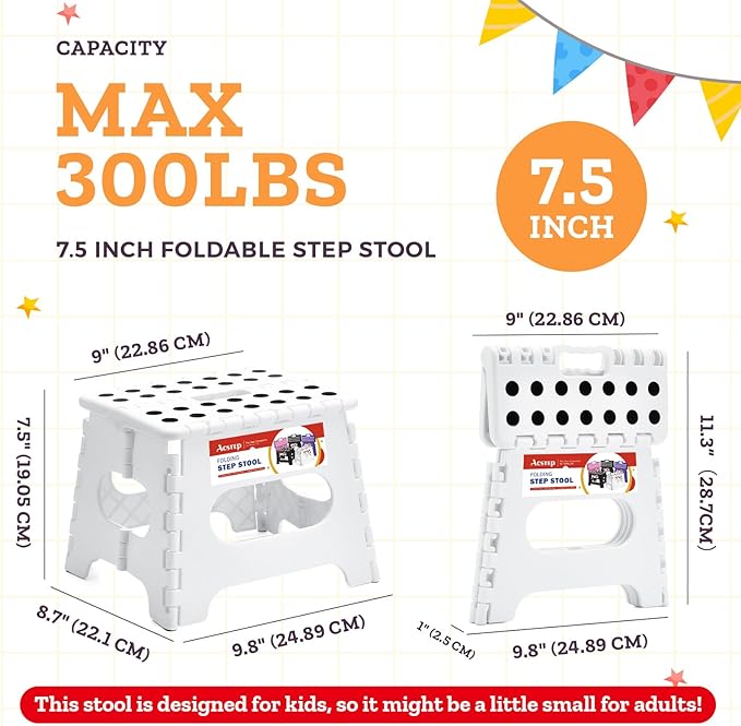 ACSTEP Folding Step Stool, 7.5 Inch Height, 300 lb Capacity, Collapsible, White, Suitable for Kitchen