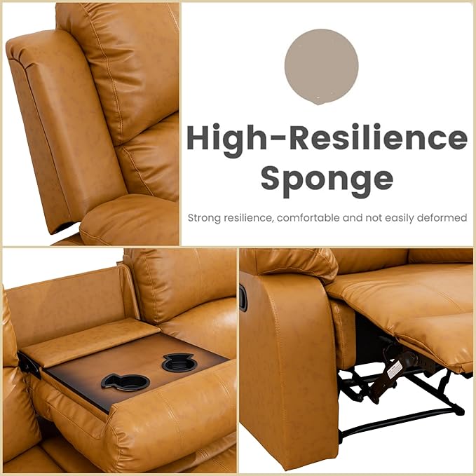 Leather Recliner Sofa Couch, 3-Seater Home Theater Seating Reclining Sofa, Power Reclining Couch with Cup Holders & Drop Down Table for Living Room Furniture Sets, Orange
