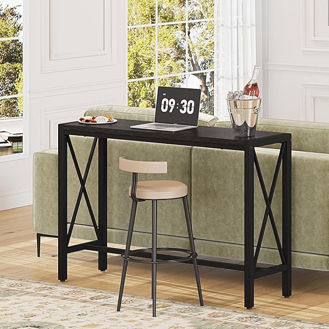 BON AUGURE Bar Table, 55 in Counter Height Pub Table, Tall Narrow Behind Couch Sofa Table, High Top Wood Long Console Tables for Home, Living Room (Black Oak)