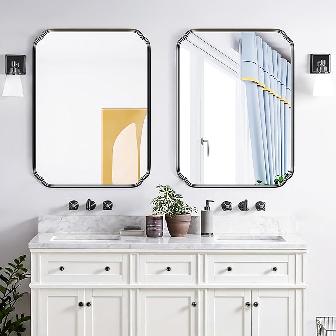 28"x36" Black Bathroom Mirror with Rustproof Metal Frame, Modern Rounded Corner Wall Mirror for Vanity Over Sink, Horizontal/Vertical Hanging