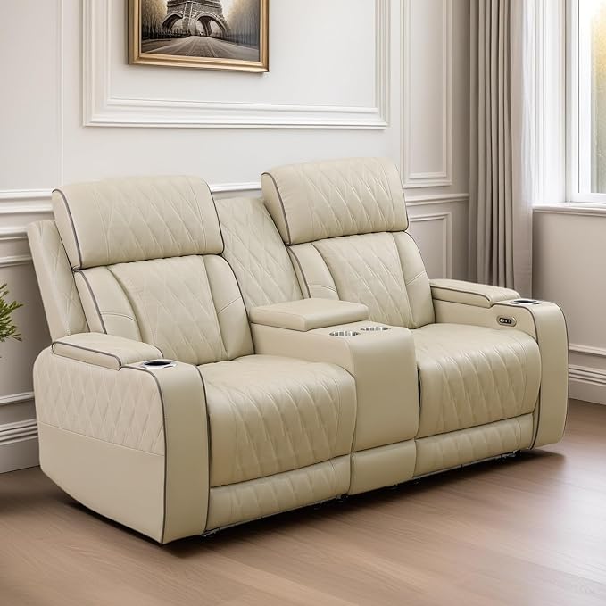 Loveseat Recliner Sofa, Reclining Loveseat Leather Couch with Storage Console, Modern Comfy Home Theater Seating Power Recliner Chair with Cup Holders for Living Room Furniture Sets, Khaki