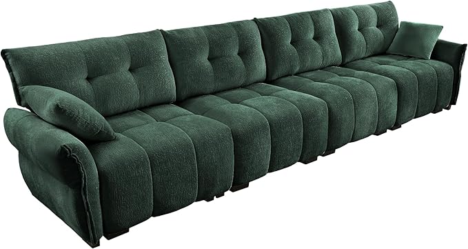 Modern Chenille Fabric 4-Seat Sofa w/ 2 Pillows, Premium Upholstery Living Room Couch with Tufted Backrest & Comfortable Armrests and High-Resilience Memory Foam Cushions,Green