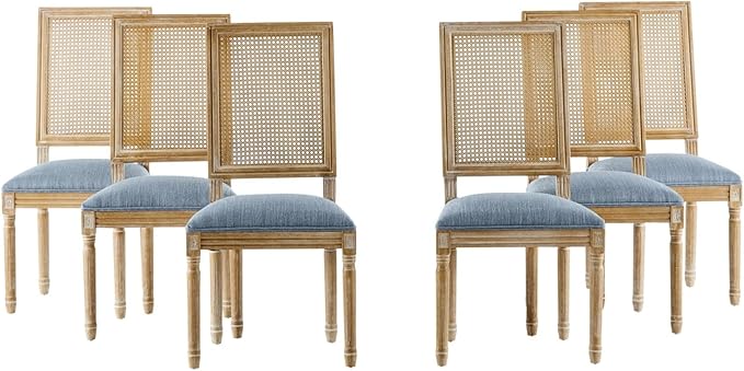 Merax Upholstered Solid Wood Dining Chairs Set of 6, French Country Style Accent Side Seating Furniture for Kitchen, Living Room, Wicker Back, Slate Blue