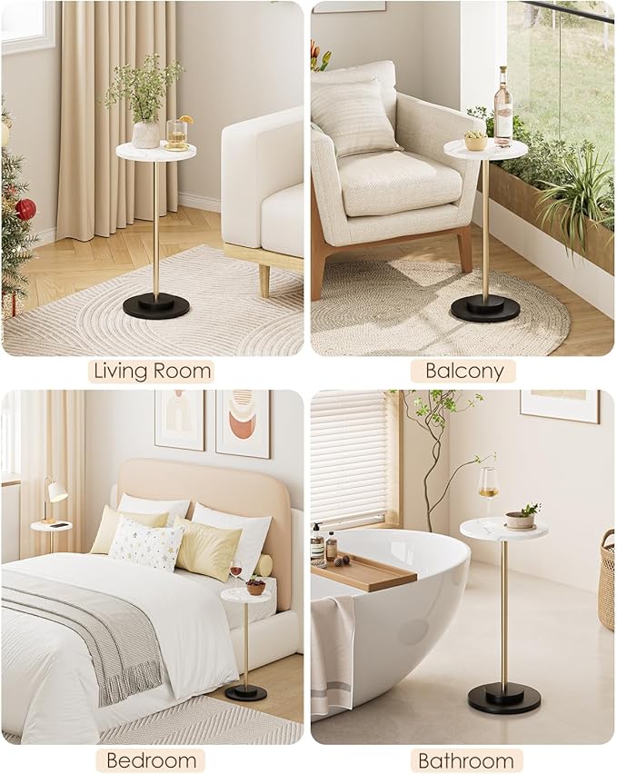 Round Side Table, Small Drink Table for Small Spaces, Modern Accent End Table Coffee Table with Metal Leg for Living Room, Bedroom, Corners, and Office (White Marble)
