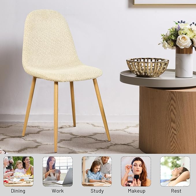 FurnitureR Dining Chairs Set of 4, Upholstered Chenille Fabric Dining Room Seating with Sturdy Metal Legs, Armless Mid-Back Side Chairs for Kitchen, Living Room, Bedroom, Home Office, Beige Cream