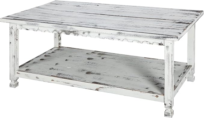 Country Cottage 42-Inch Farmhouse Coffee Table with Storage Shelf and White Antique Finish for Living Room or Family Room by Alaterre Furniture