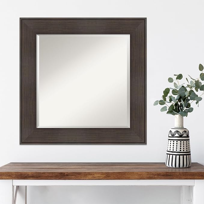 Amanti Art Brown Wall Mirror 26x26 William Rustic Woodgrain Square Bathroom Mirror for Wall Decor Living Room, Medium Casual Frame, Hangs Horizonally and Vertically, Bathroom Decor, Beveled Edge