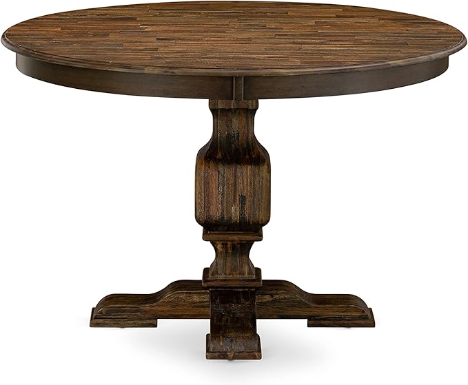 East West Furniture F3EL5-718 5 Piece Modern Dining Table Set Includes a Round Wooden Table with Pedestal and 4 Brown Linen Linen Fabric Parsons Dining Chairs, 48x48 Inch, Distressed Jacobean