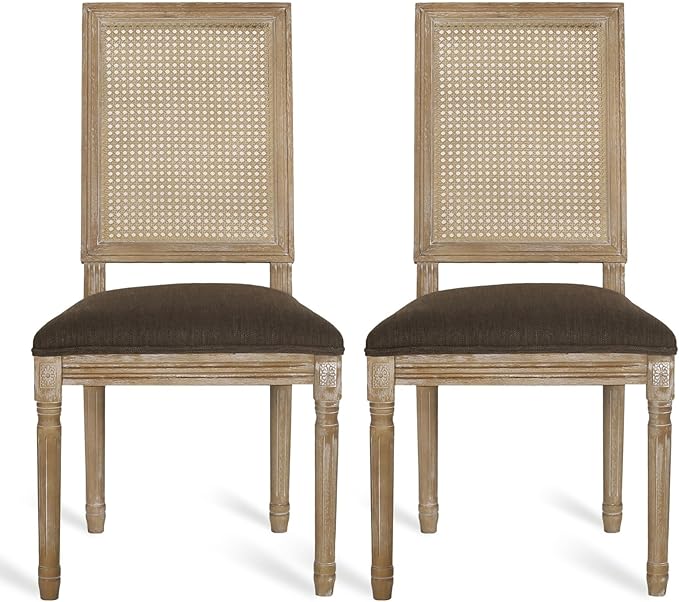 Merax Upholstered Solid Wood Dining Chairs Set of 2, French Country Style Accent Side Seating Furniture for Kitchen, Living Room, Wicker Back, Brown