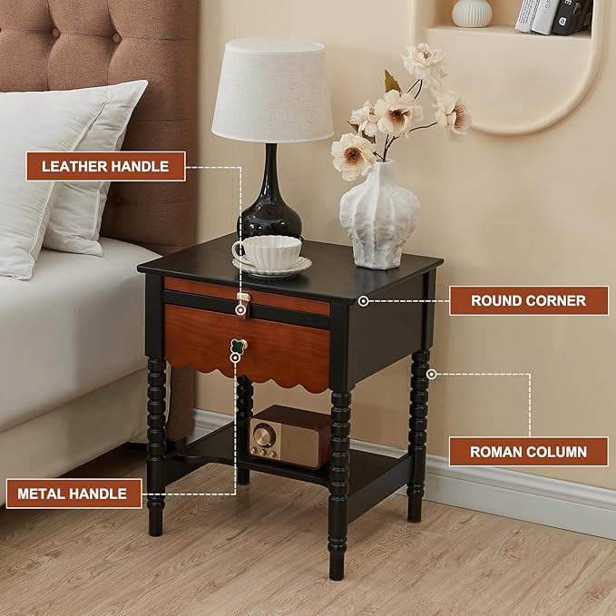 Uniclinens Mid Century Modern Nightstand Two-Tone Bedside Table with Drawers, Vintage Solid Wood End Side Table for Bedroom Living Room, Black-Brown