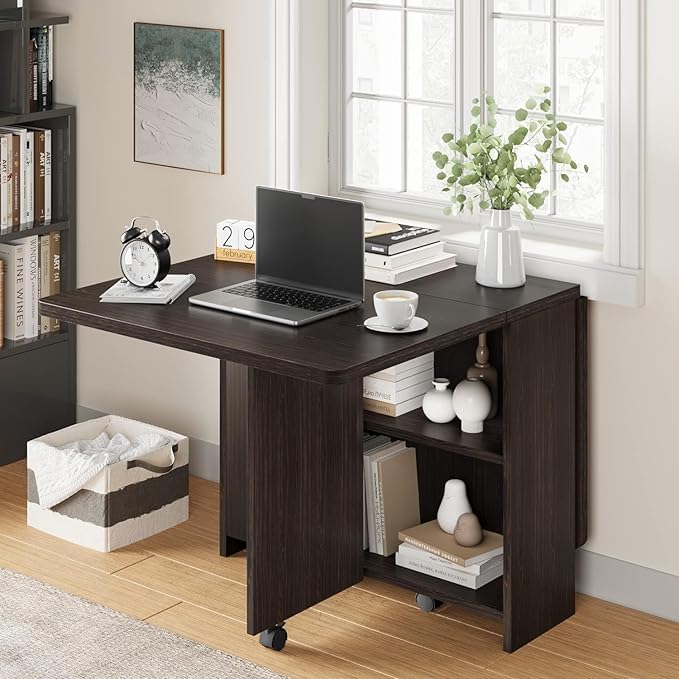 GarveeHome Folding Dining Table, Space Saving Farmhouse Dining Table for 4 Storage Shelf, 6 Wheels Multipose Expandable Kitchen Drop Leaf Table for Small Space (Dark Walnut, 50.1"D x 31.4"W x 29.5"H)