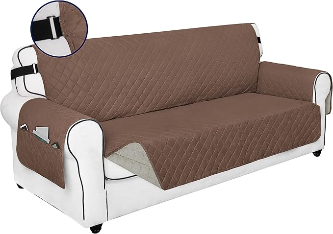 PureFit Reversible Sofa Couch Cover Water Resistant Couch Covers for 3 Cushion, Washable Furniture Cover with Non-Slip Foam and Adjustable Strap for Dogs, Pets (Oversized Sofa, Brown/Beige)