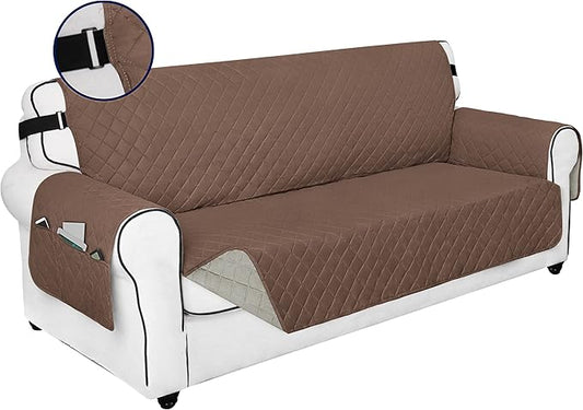 PureFit Reversible Sofa Couch Cover Water Resistant Couch Covers for 3 Cushion, Washable Furniture Cover with Non-Slip Foam and Adjustable Strap for Dogs, Pets (Oversized Sofa, Brown/Beige)