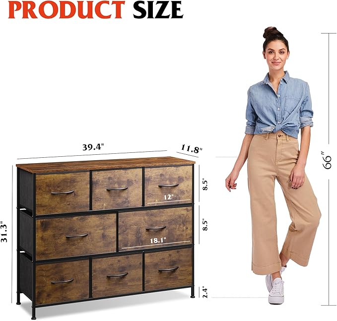 WLIVE 8 Drawer Dresser for Bedroom, Fabric Dresser with Large Storage Drawer Unit for Entryway, Chest of Drawers for Living Room, Rustic Brown