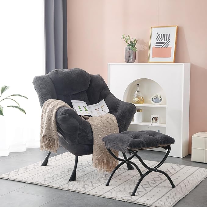 Lazy Chair with Ottoman, Modern Accent Chair Lounge Leisure Sofa Chair with Armrests, Reading Chair and Folding Footstool for Living Room, Bedroom, Office, Plush Navy