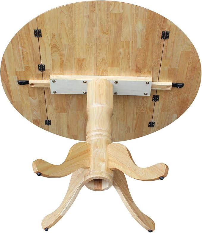 IC International Concepts, 42" Round Dual Drop Leaf Pedestal Dining Table, Solid Real Wood, Sturdy Parawood, Natural
