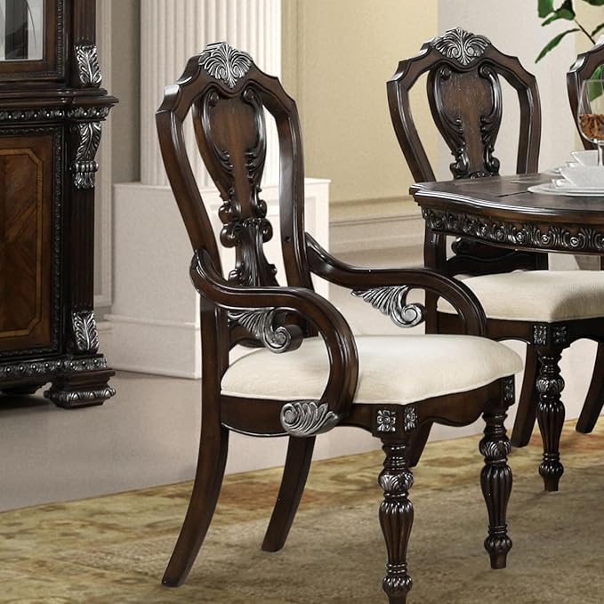 Furniture of America Byrne Traditional Arm Chairs Set of 2, Comfortable Upholstered Seating with Ornate Corbels and Decoractive Backrest for Dining Room, Kitchen, and Living Room, Dark Brown