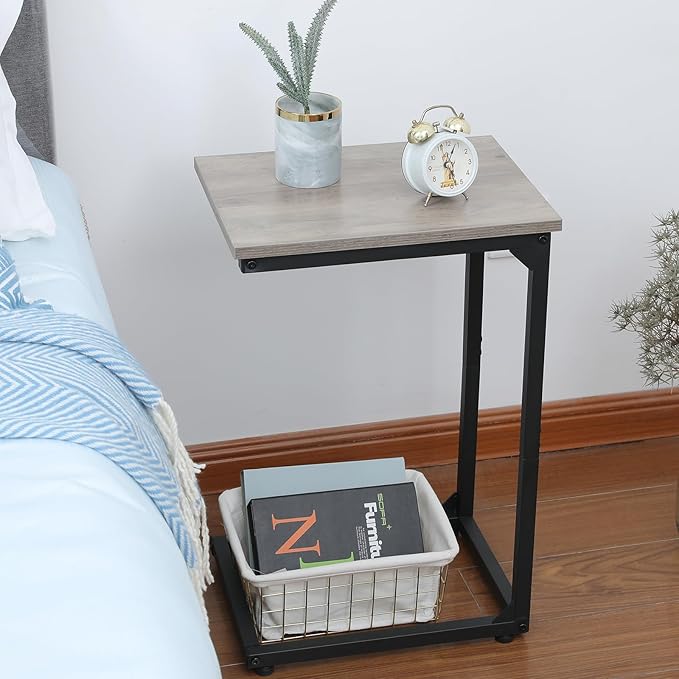 AMHANCIBLE C Shaped End Table, Slide Under Couch Table for Sofa, TV Tray Snack Table, Small Side Table for Small Space, Living Room, Grey HET02CGY-1