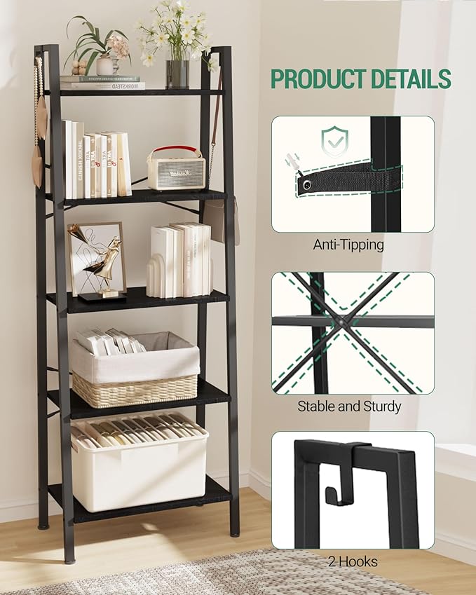 Ladder Shelf, Bookshelf Bookcase, Freestanding Corner Storage Shelve with 2 Hooks for Home Office, Living Room, Kitchen, Bedroom, Industrial, 5-Tier Black BC19304B