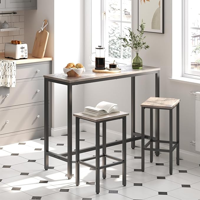 HOOBRO Bar Table and Chairs Set, 47.2” Rectangular Pub Table with 2 Stools for Small Space, High Top Table, 3-Piece Breakfast Table Set, Sturdy Metal Frame, Easy to Assemble, Greige BG52BT01
