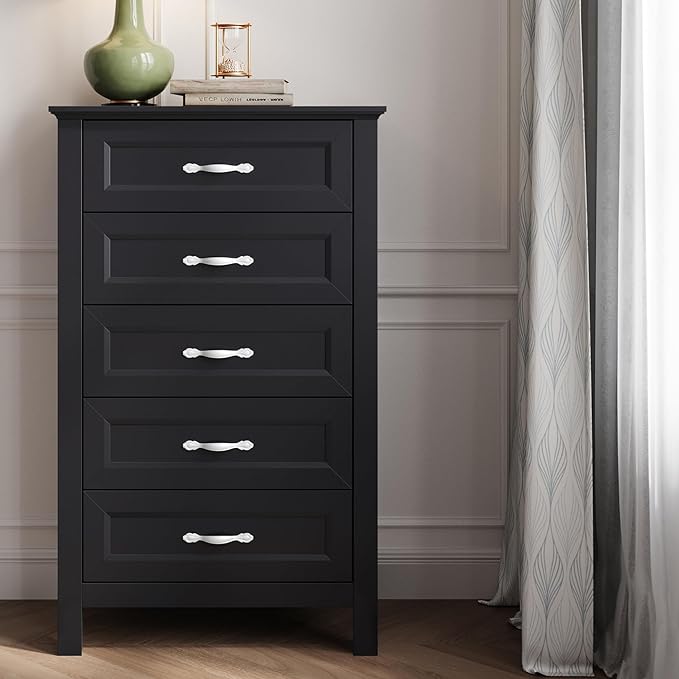 LINSY HOME Tall Dresser for Bedroom with 5 Drawers, 45" Tall Dressers & Chests of Drawers, Modern Farmhouse Large Vertical Dresser with Wood Legs for Bedroom, Closet, Living Room, Hallway, Black
