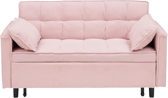 Ball & Cast Convertible Sofa Bed,Loveseat Sleeper Sofa W/Pull-Out Bed,Convertible Pull Out Couch W/2 Pillows,Adjustable Backrest&Side Pocket,Corduroy Futon Couches for Living Room,Apartment,Pink,54"