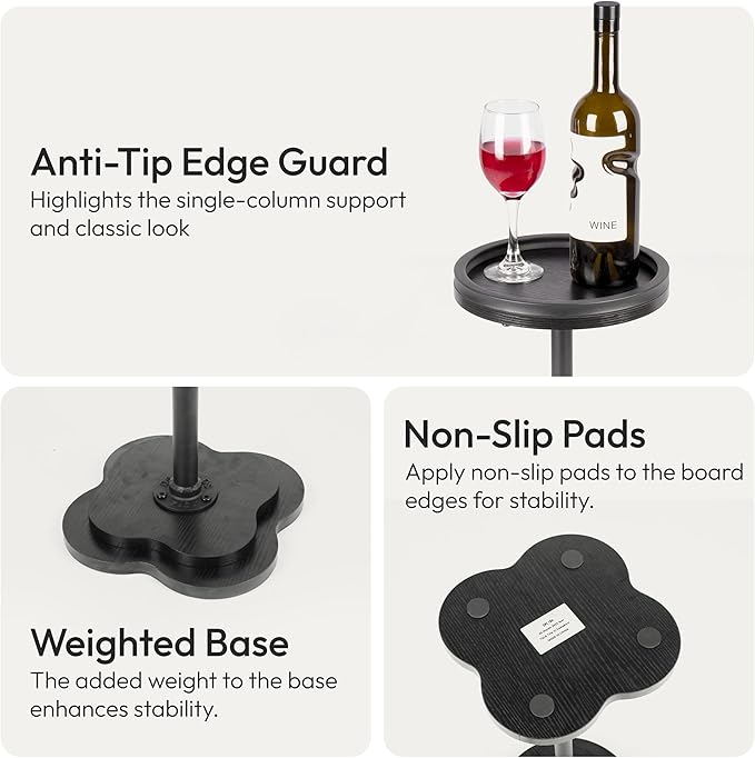 Modern Accent Pedestal Side End Table for Small Spaces – Pedestal End Table with Solid Metal Leg and Weighted Clover Base for Living Room, Sofa Couch, Bedroom and Office (Black)