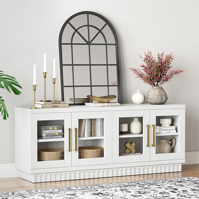 TV Stand for TVs up to 65 Inch, Entertainment Center with Storage Cabinets, Contemporary Modern TV Cabinet Media Console Table with Glass Doors for Living Room Bedroom, Montauk White
