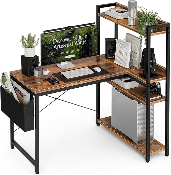 40 Inch L Shaped Computer Desk with Reversible Storage Shelves, Home Office Corner Desk Study Writing Table with Hutch, Study, Rustic Brown