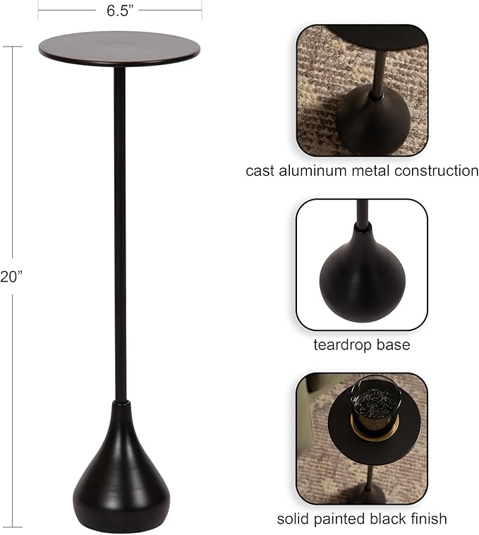 Kate and Laurel Hersi Decorative Modern Pedestal Drink Table; 7 x 7 x 20; Black; Cast Aluminum Mini Table with Teardrop Base for Use as Small Plant Stand or Living Room Martini Table