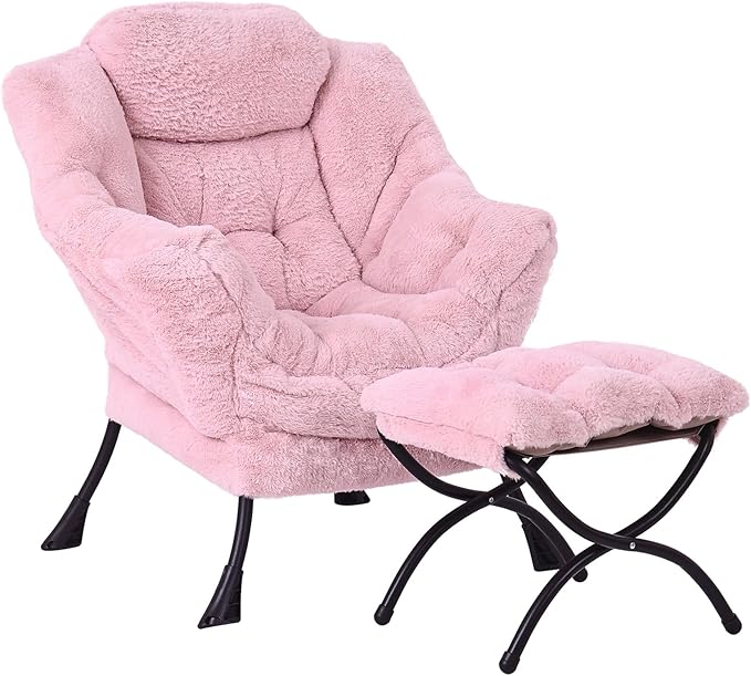 Lazy Chair with Ottoman, Modern Accent Chair Lounge Leisure Sofa Chair with Armrests, Reading Chair and Folding Footstool for Living Room, Bedroom, Office, Plush Pink