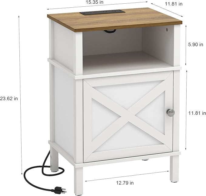 Farmhouse Nightstand with Charging Station, White Bedside Table with USB&Type-C Ports and Outlets, End Table with Storage, Night Stand for Bedroom, White and Rustic Brown WGBZ0601WFE